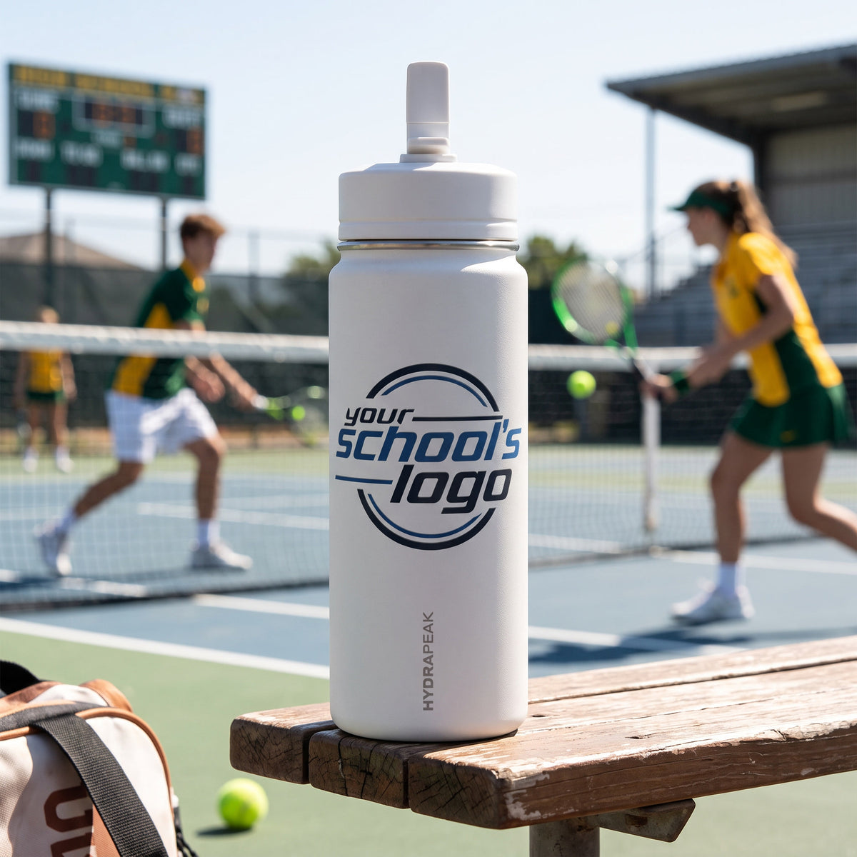 School logo water bottle on a bench by the tennis courts