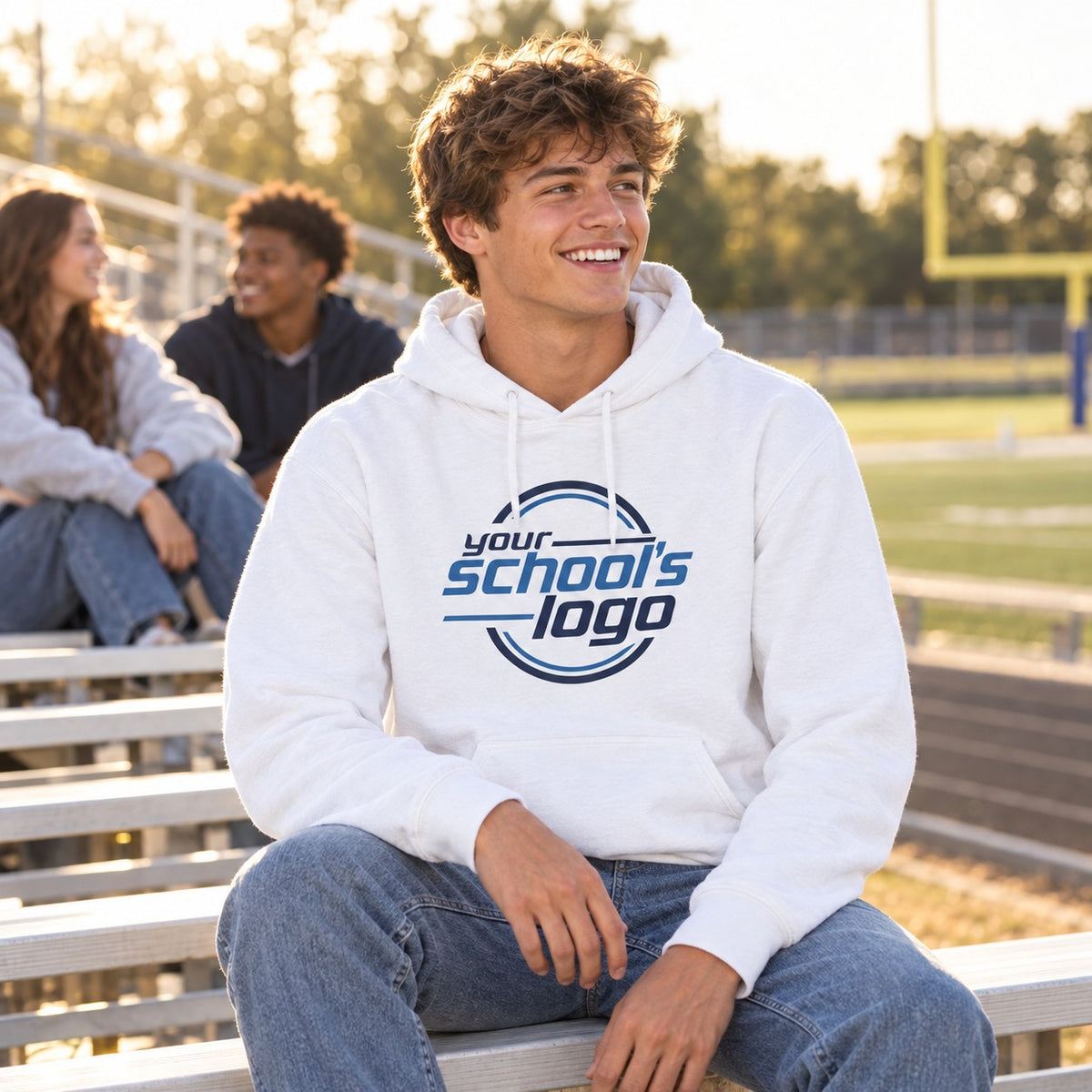 Student in a white school logo hoodie on the stadium bleachers